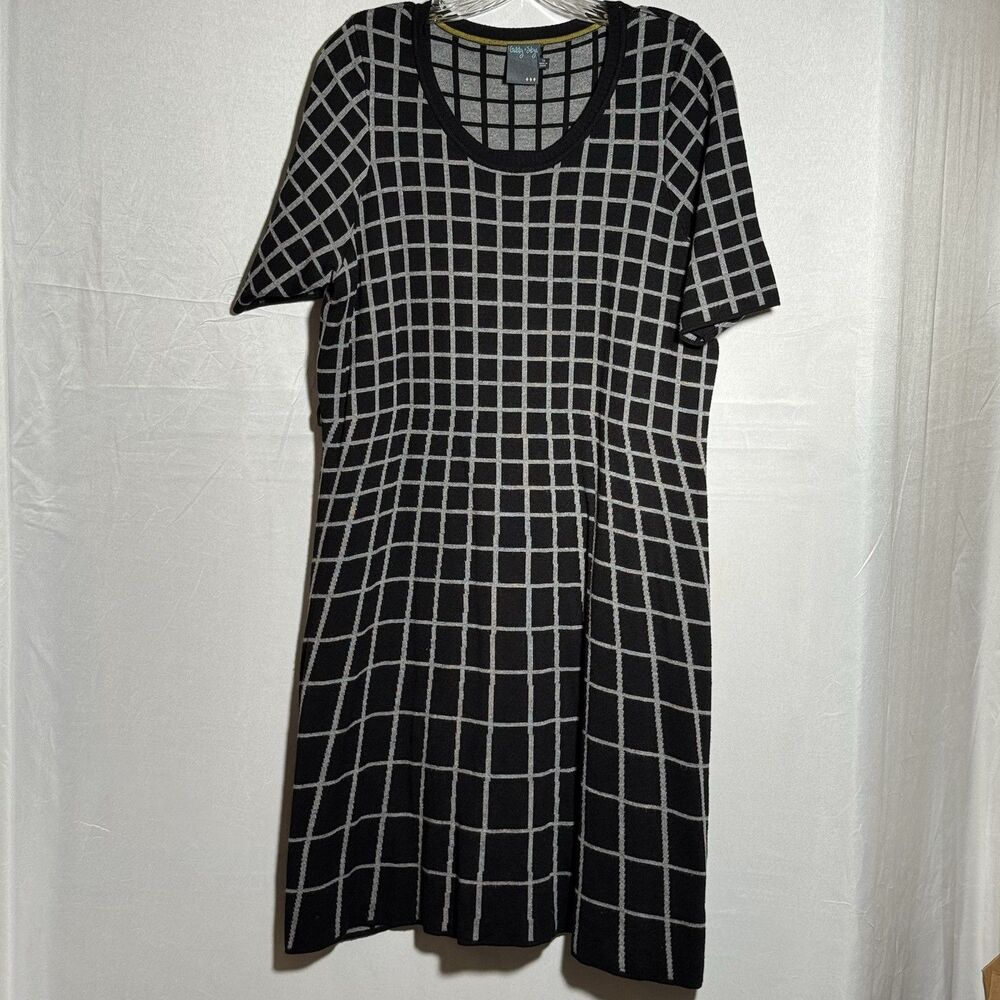 Gabby Skye 1X Black Gray Windowpane Grid Knit Fit Flare Sweater Dress Winter